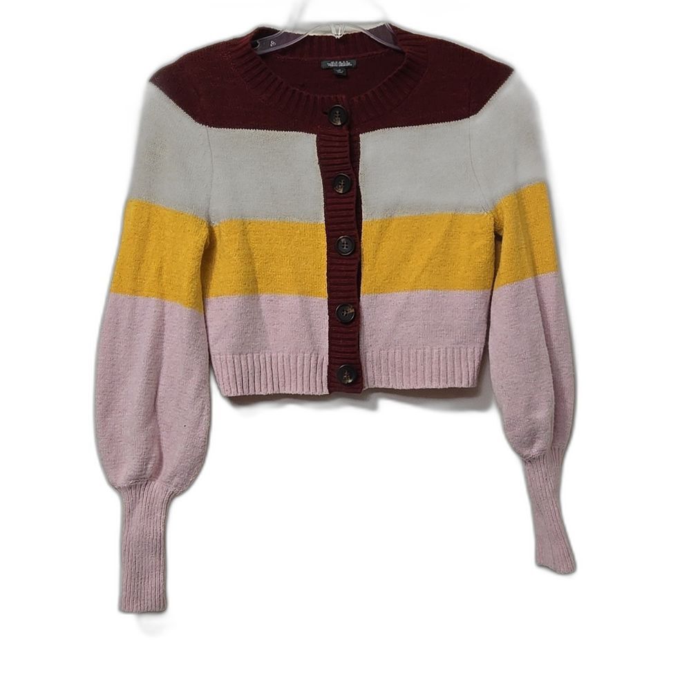 Wild Fable Cropped Cardigan Striped Balloon Sleeves Womens Size M Warm Cozy